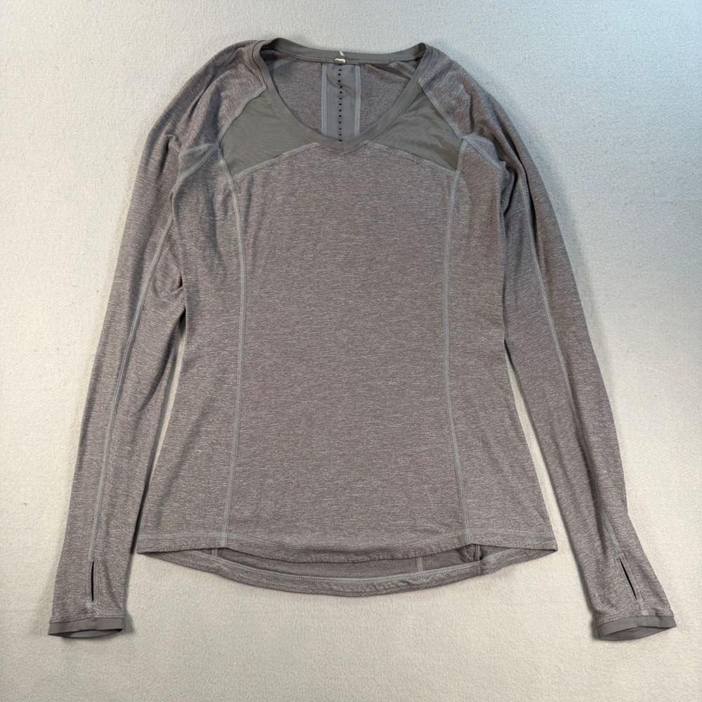 Lululemon Gray Long Sleeve Running Top Mesh Panels Back Pocket Wheel Graphic